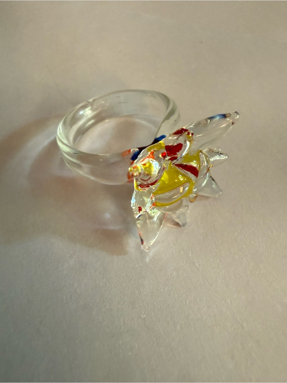 Handmade Glass Star Ring in Clear with Yellow & Multicolor Accents